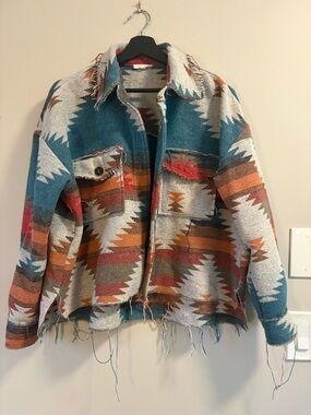 LA MIEL Aztec Fringe Cropped Jacket in Teal, Rust & Cream